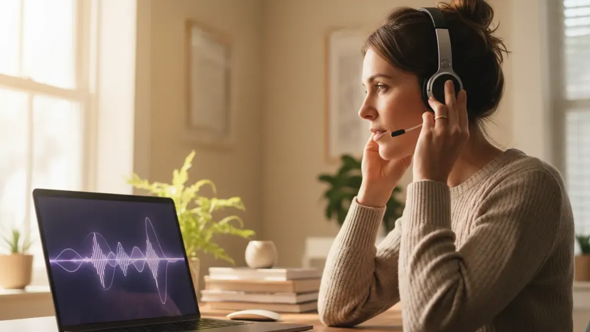 A woman with a headset listening to an AI voice call on her laptop