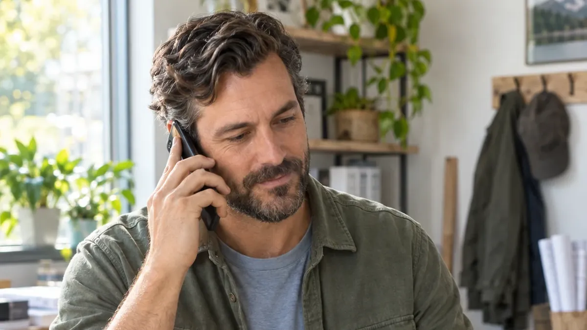 A business owner taking a call on his mobile with a tablet in front of him