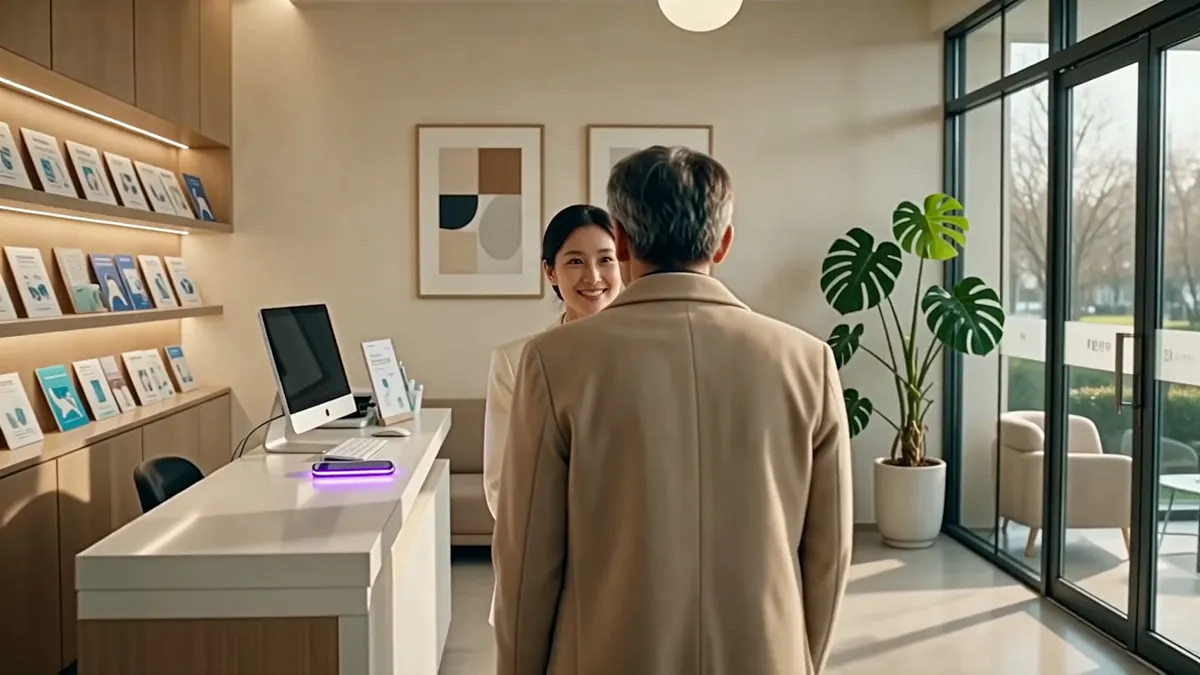 A receptionist greeting a visitor at a modern front desk