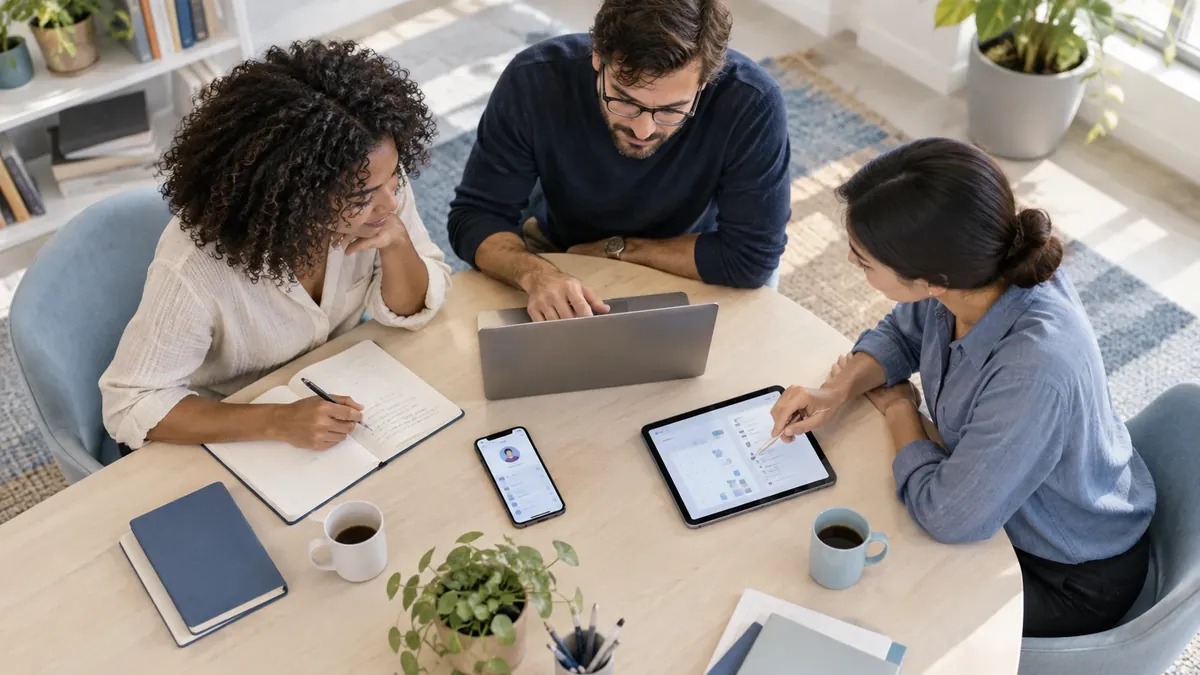 A small team working together around a table with phones and laptops