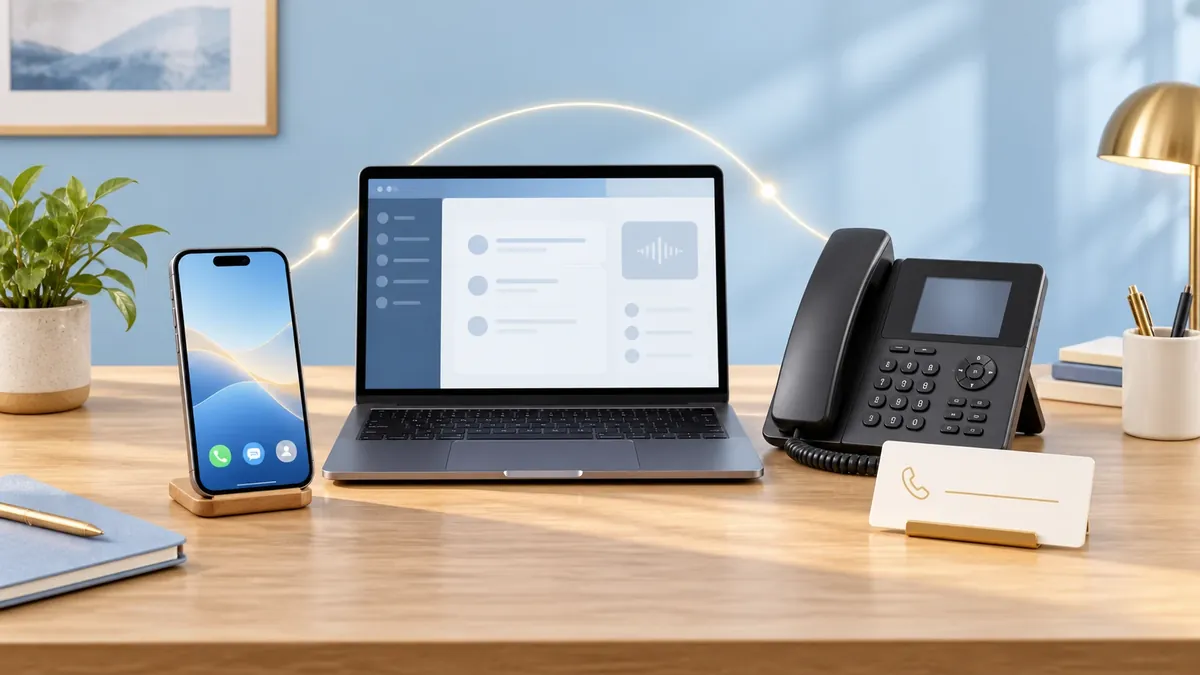 A mobile phone, a laptop and a desk phone on an office desk
